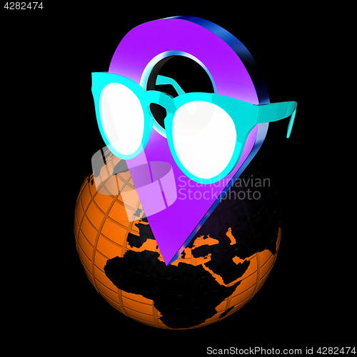 Image of Glamour map pointer in sunglasses on Earth. 3d illustration