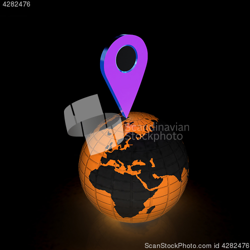 Image of Planet Earth and map pins icon. 3d illustration.