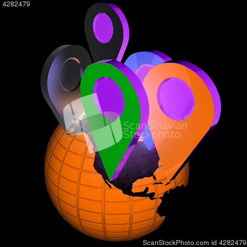 Image of Planet Earth and map pins icon. Earth globe and colorful map lab