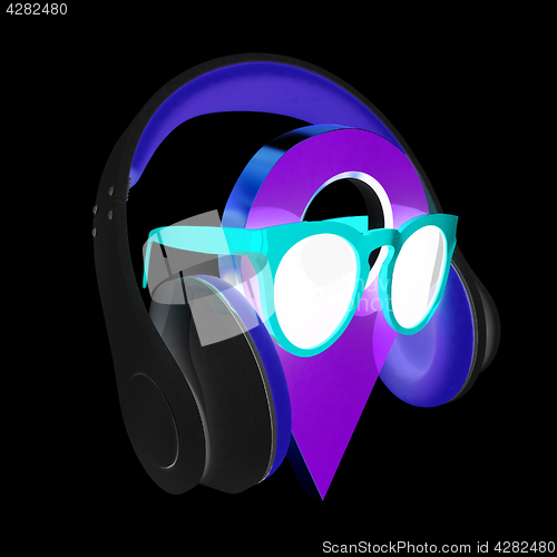 Image of Glamour map pointer in sunglasses and headphones. 3d illustratio