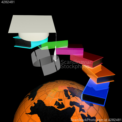 Image of Earth of education with books around and graduation hat. Global 