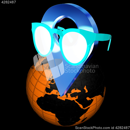Image of Glamour map pointer in sunglasses on Earth. 3d illustration