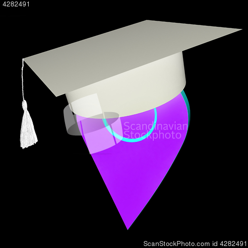 Image of Geo pin with graduation hat on white. School sign, geolocation a