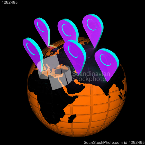 Image of Planet Earth and map pins icon. Earth globe and colorful map lab