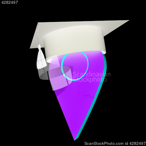 Image of Geo pin with graduation hat on white. School sign, geolocation a