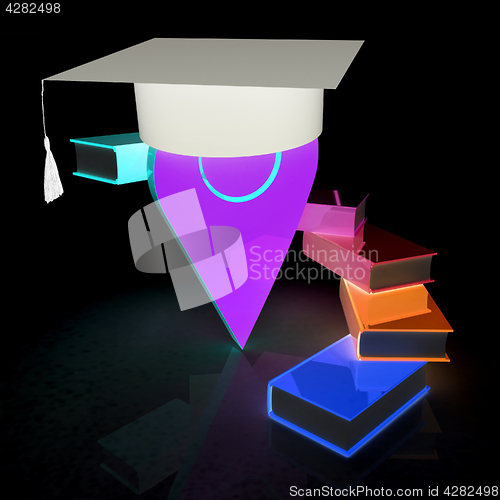 Image of Pointer of education in graduation hat with books around. 3d ill