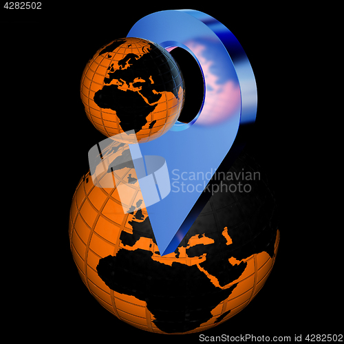 Image of Planet Earth and golden map pins icon on Earth. 3d illustration.