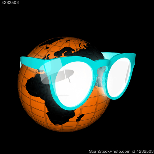 Image of Earth planet with earphones and sunglasses. 3d illustration