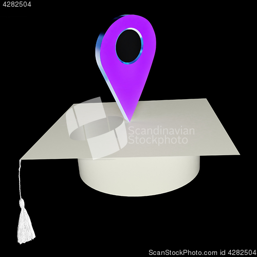 Image of Geo pin with graduation hat on white. School sign, geolocation a