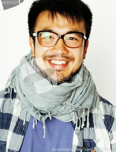 Image of young handsome asian man hipster in glasses on white background,