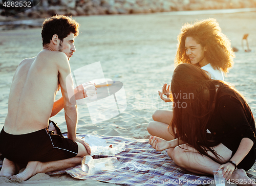 Image of pretty diverse nation and age friends on sea coast having fun, lifestyle people concept on beach vacations close up