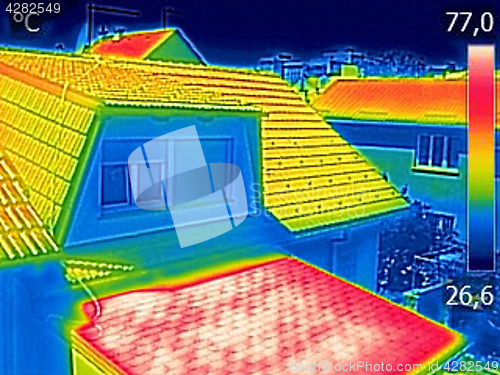 Image of Infrared thermovision image showing Warmed roofs on family homes