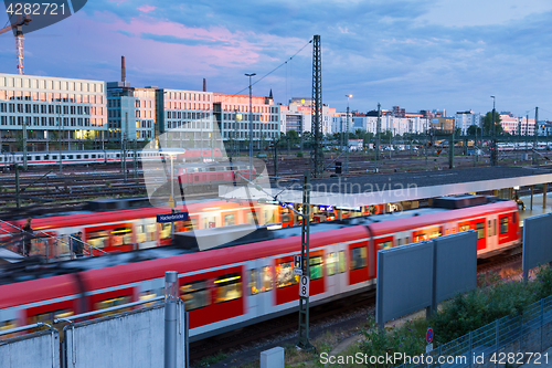 Image of Railway with trains on Hackerbrucke train and S-bahn station in Munich, Germany