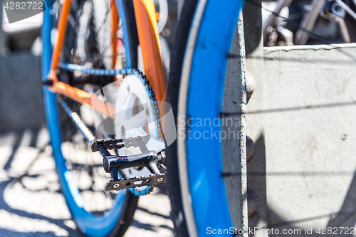 Image of Closeup of a colorful hipster urban bicycle.