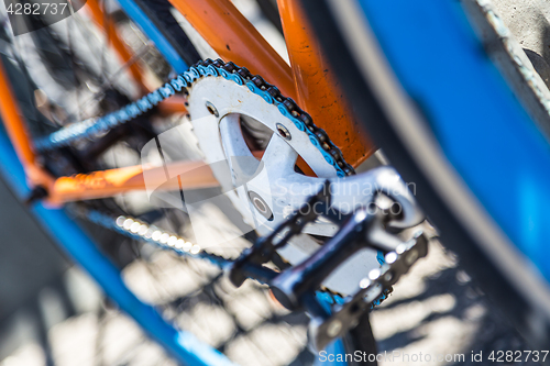 Image of Closeup of a colorful hipster urban bicycle.