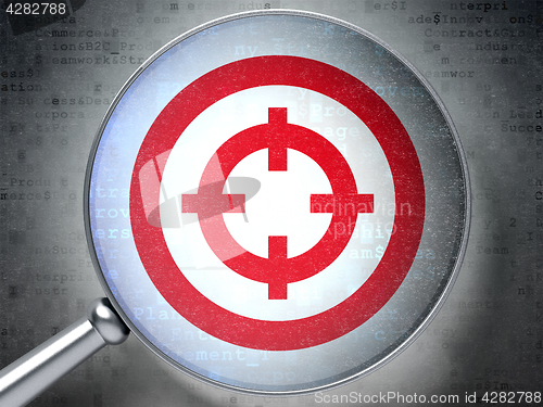 Image of Business concept: Target with optical glass on digital background