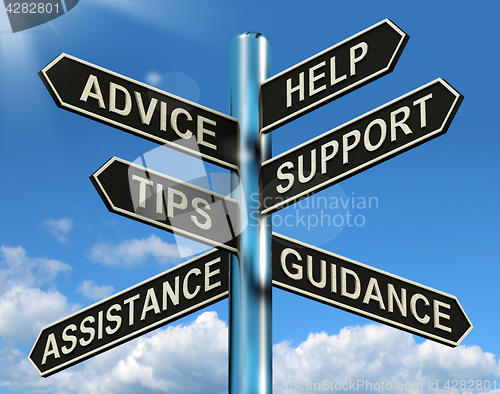 Image of Advice Help Support And Tips Signpost Showing Information And Gu