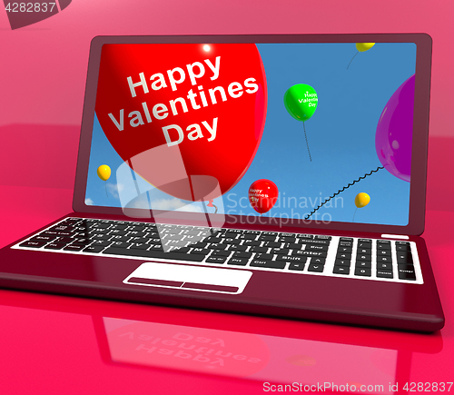Image of Happy Valentines Day Balloons On Laptop Show Love