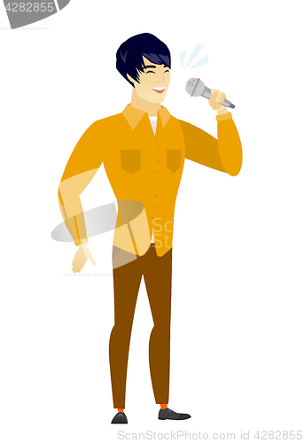 Image of Asian businessman singing to the microphone.
