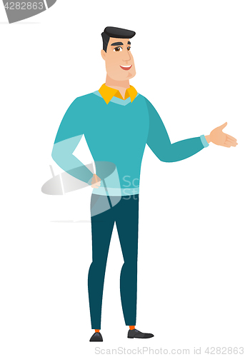 Image of Business man with arm out in a welcoming gesture.