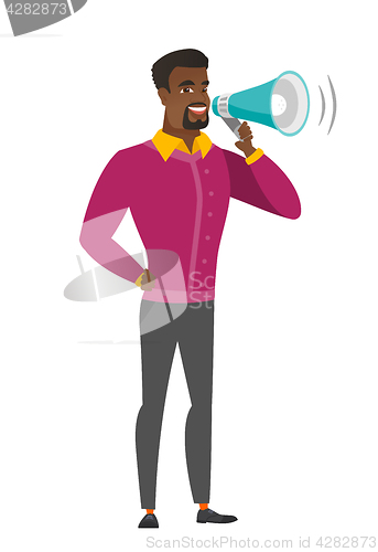 Image of African businessman talking into loudspeaker.