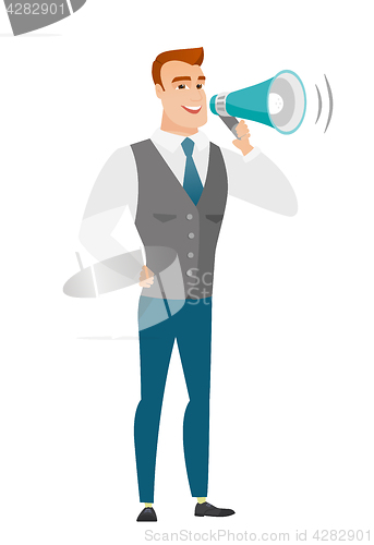 Image of Caucasian businessman talking into loudspeaker.