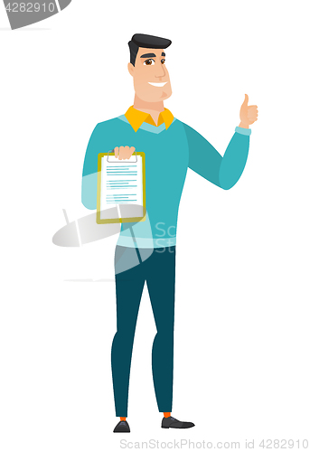 Image of Businessman with clipboard giving thumb up.