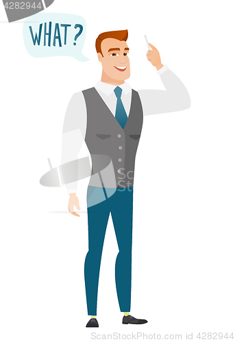 Image of Businessman with question what in speech bubble.