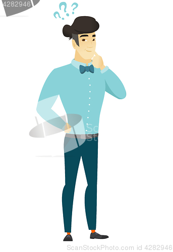 Image of Thinking businessman with question marks.