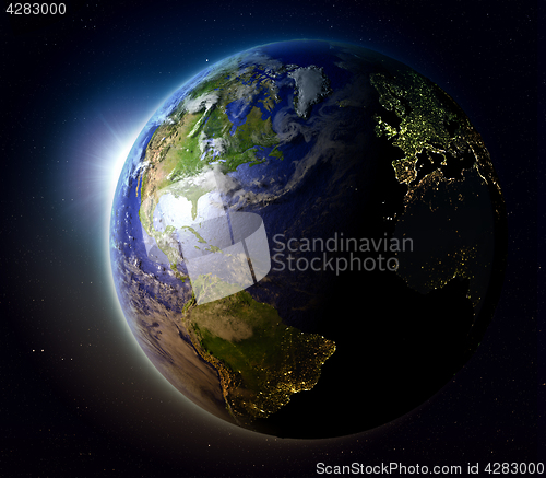 Image of Northern Hemisphere from space at sunset