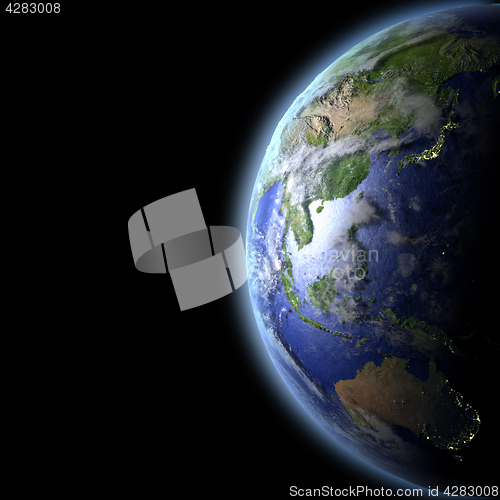 Image of East Asia and Australia from space in the evening light