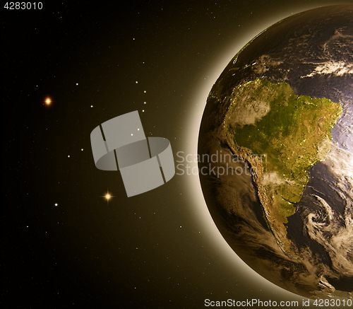Image of South America from space at dawn