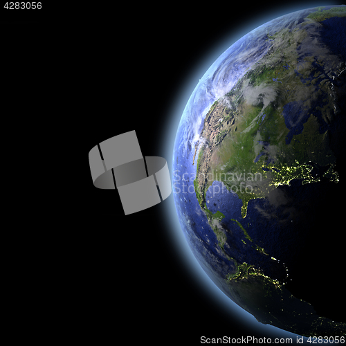 Image of North America from space in the evening light