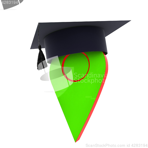 Image of Geo pin with graduation hat on white. School sign, geolocation a