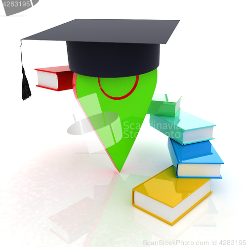 Image of Pointer of education in graduation hat with books around. 3d ill