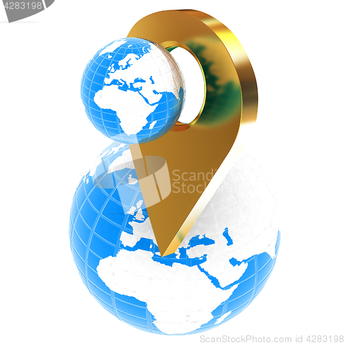 Image of Planet Earth and golden map pins icon on Earth. 3d illustration.