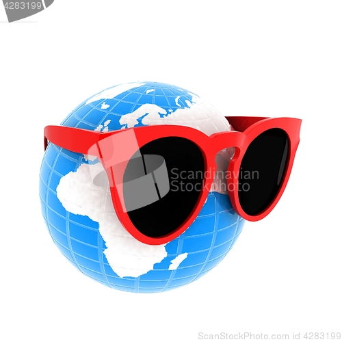 Image of Earth planet with earphones and sunglasses. 3d illustration