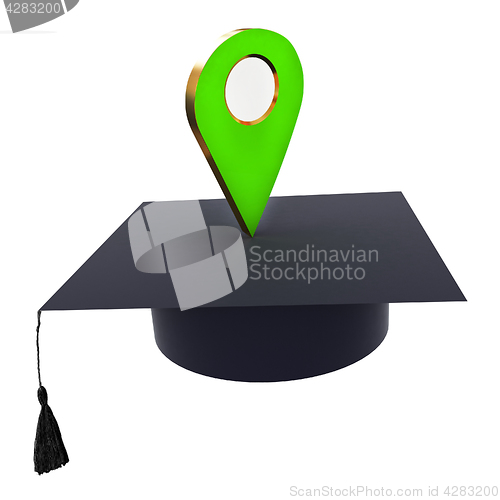 Image of Geo pin with graduation hat on white. School sign, geolocation a