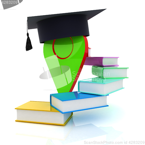 Image of Pointer of education in graduation hat with books around. 3d ill