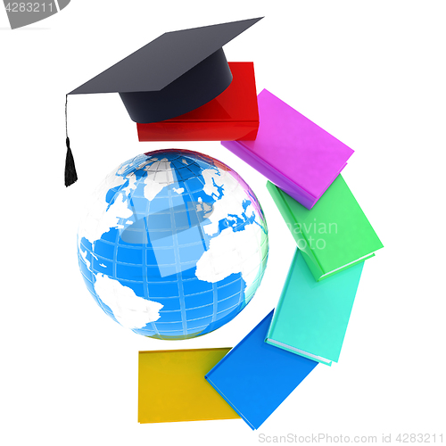 Image of Earth of education with books around and graduation hat. Global 