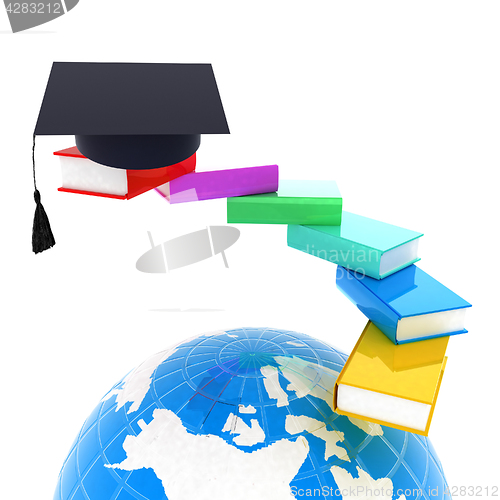 Image of Earth of education with books around and graduation hat. Global 