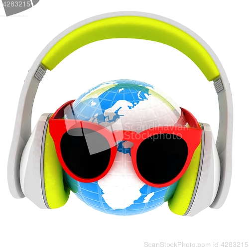 Image of Earth planet with earphones and sunglasses. 3d illustration