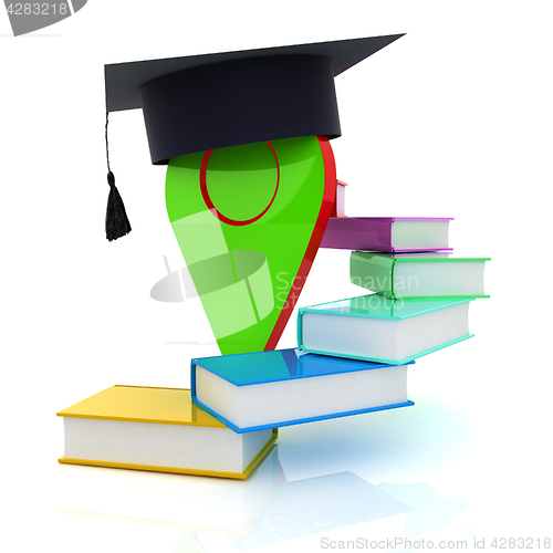 Image of Pointer of education in graduation hat with books around. 3d ill