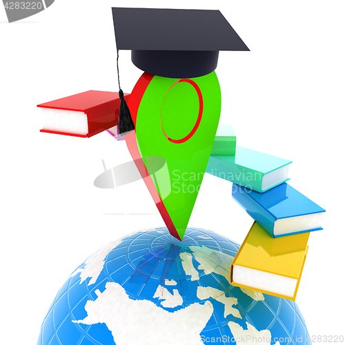 Image of Pointer of education in graduation hat with books around and Ear