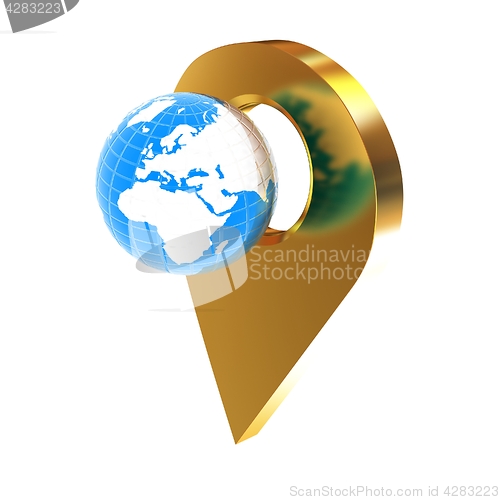 Image of Planet Earth and golden map pins icon on Earth. 3d illustration.