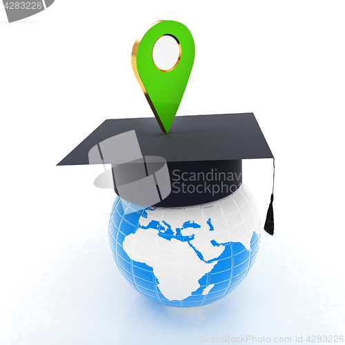 Image of Geo pin with graduation hat on white. School sign, geolocation a