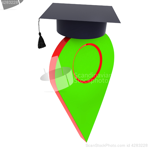 Image of Geo pin with graduation hat on white. School sign, geolocation a