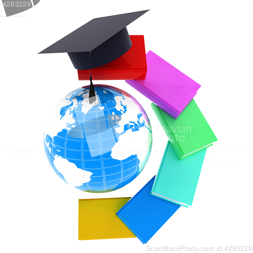 Image of Earth of education with books around and graduation hat. Global 