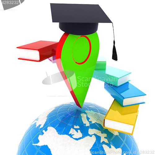 Image of Pointer of education in graduation hat with books around and Ear