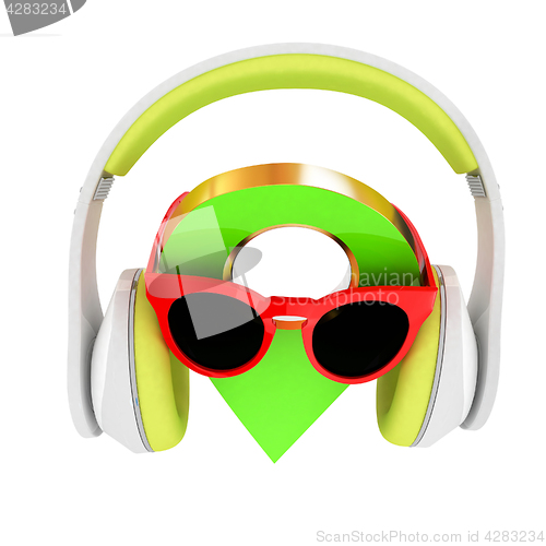 Image of Glamour map pointer in sunglasses and headphones. 3d illustratio